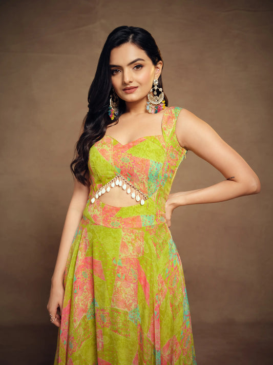 Robe longue jaune citron imprimée en georgette avec pendants indo-occidentale