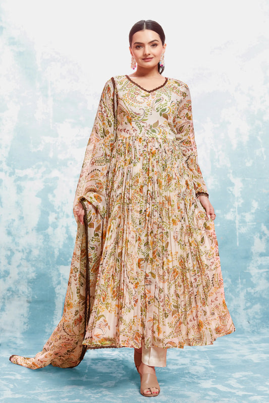Ensemble salwar imprimé floral beige avec dupatta traditionnel