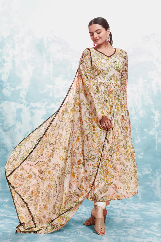 Ensemble salwar imprimé floral beige avec dupatta traditionnel