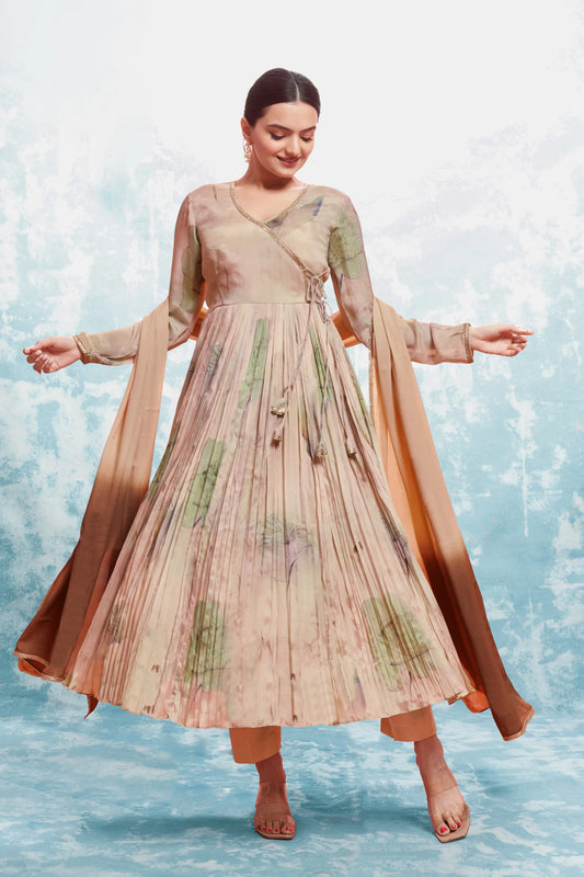 Ensemble salwar imprimé en mousseline brun rosé traditionnel