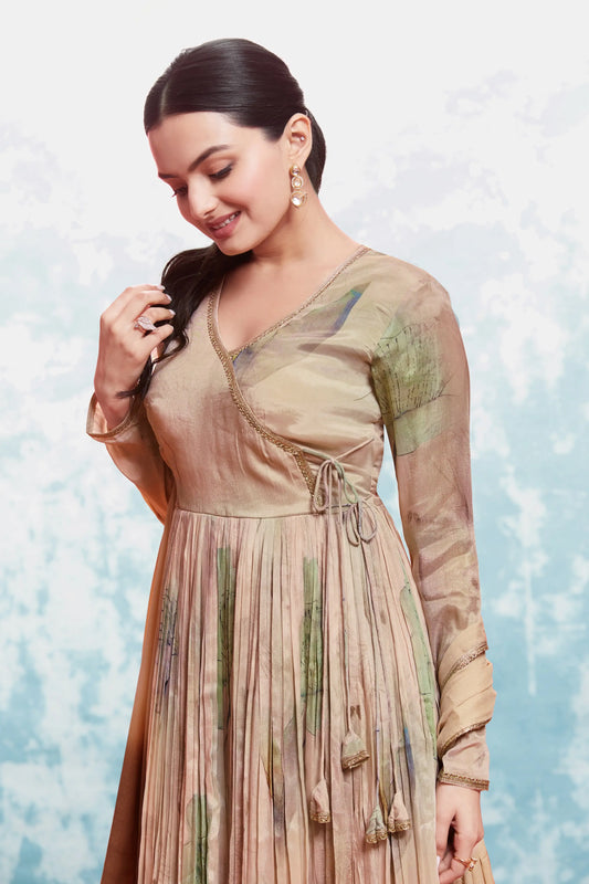 Ensemble salwar imprimé en mousseline brun rosé traditionnel