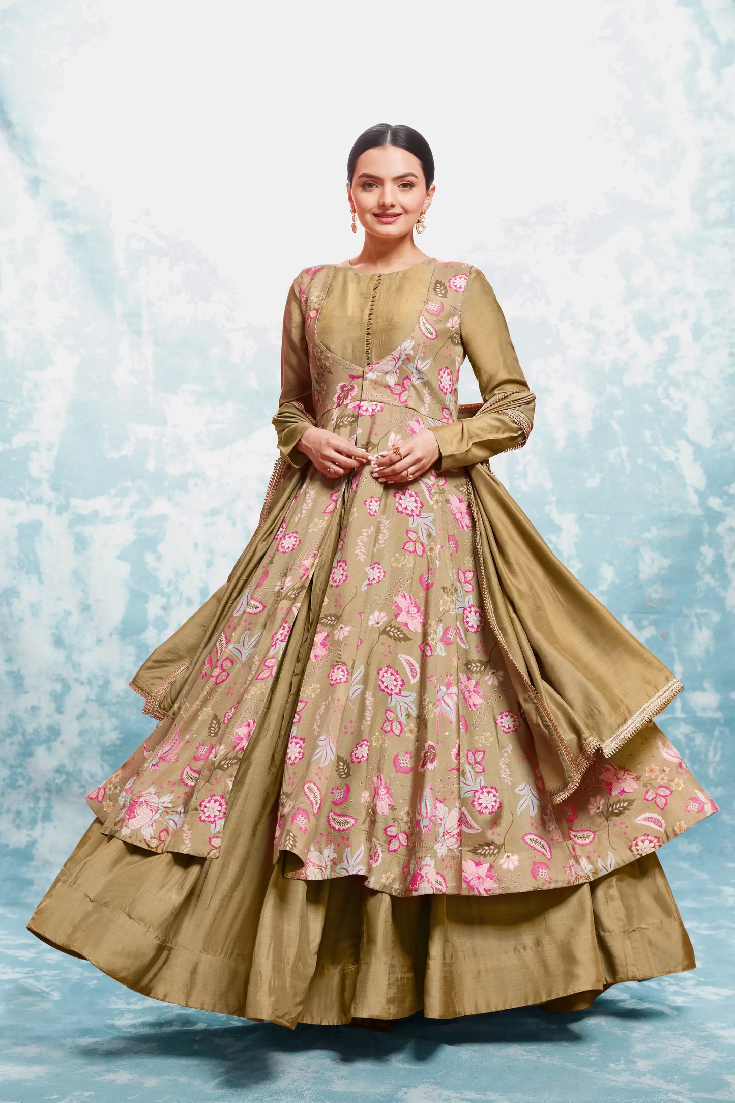 Dark beige printed long dress with jacket and traditional dupatta