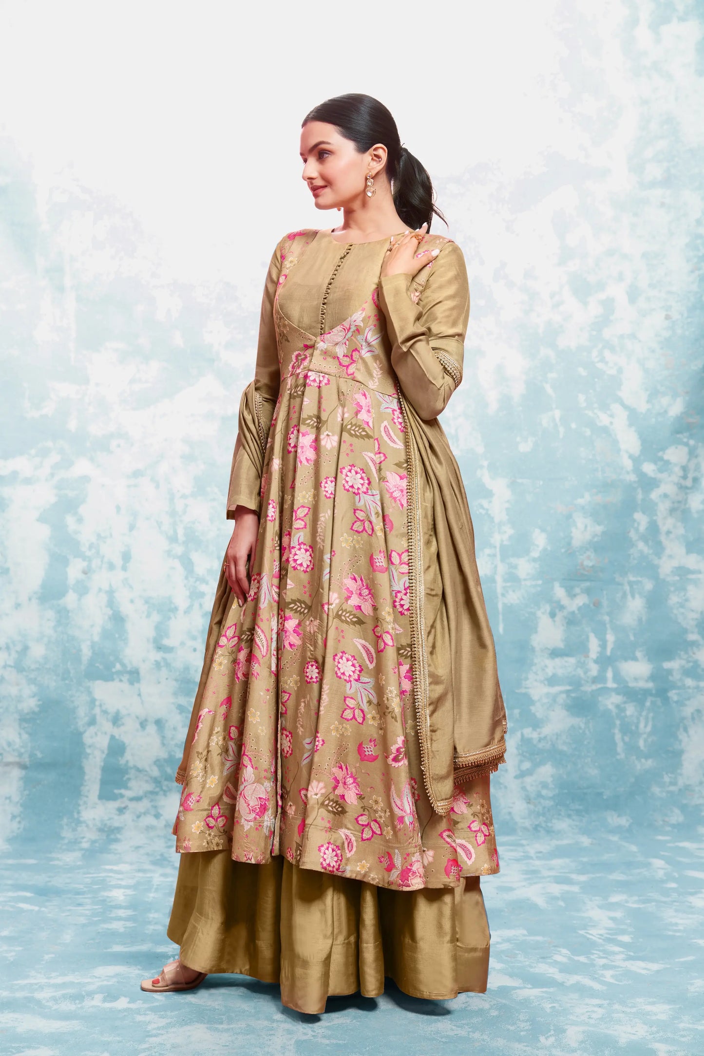 Dark beige printed long dress with jacket and traditional dupatta
