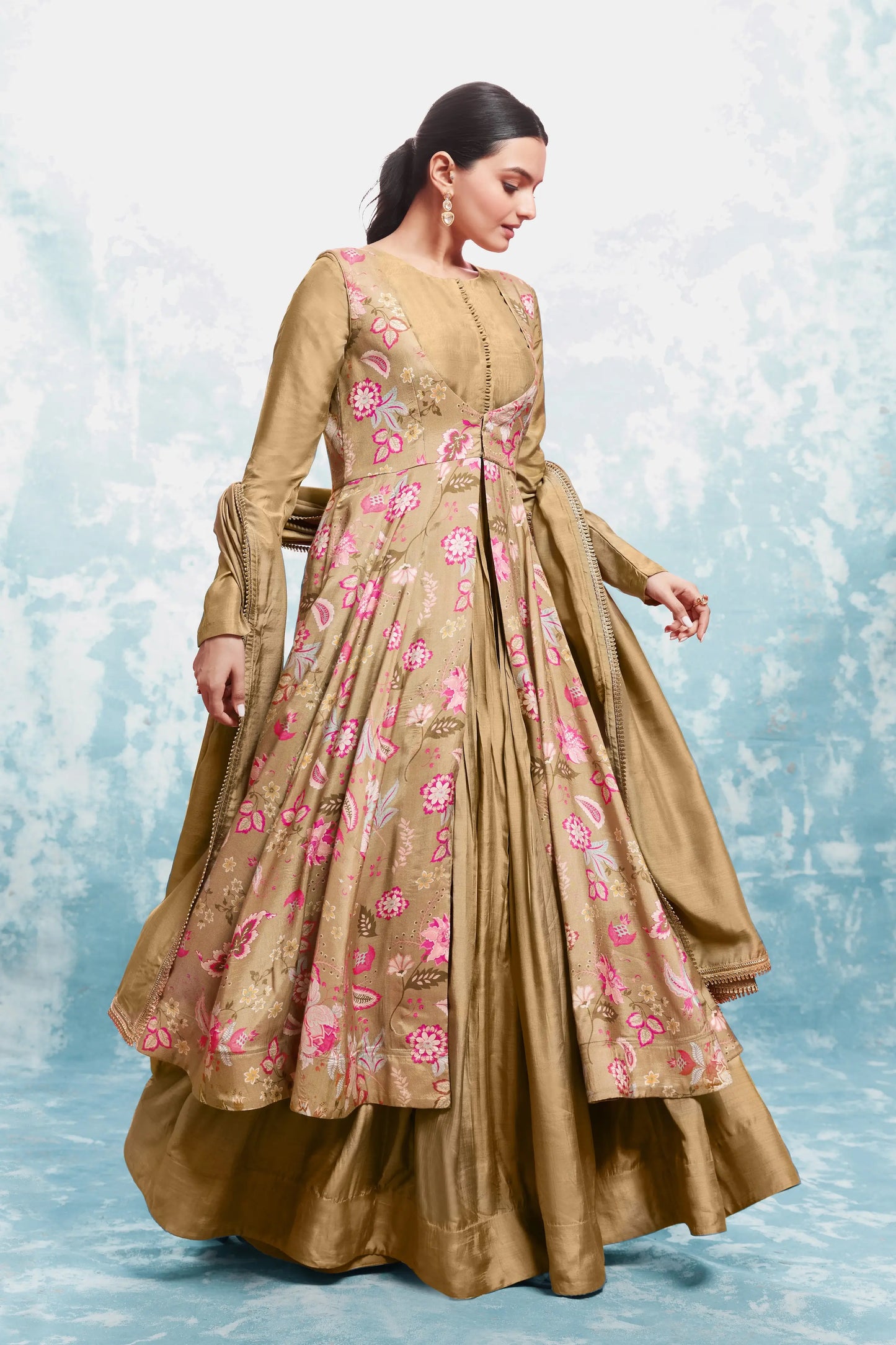 Dark beige printed long dress with jacket and traditional dupatta