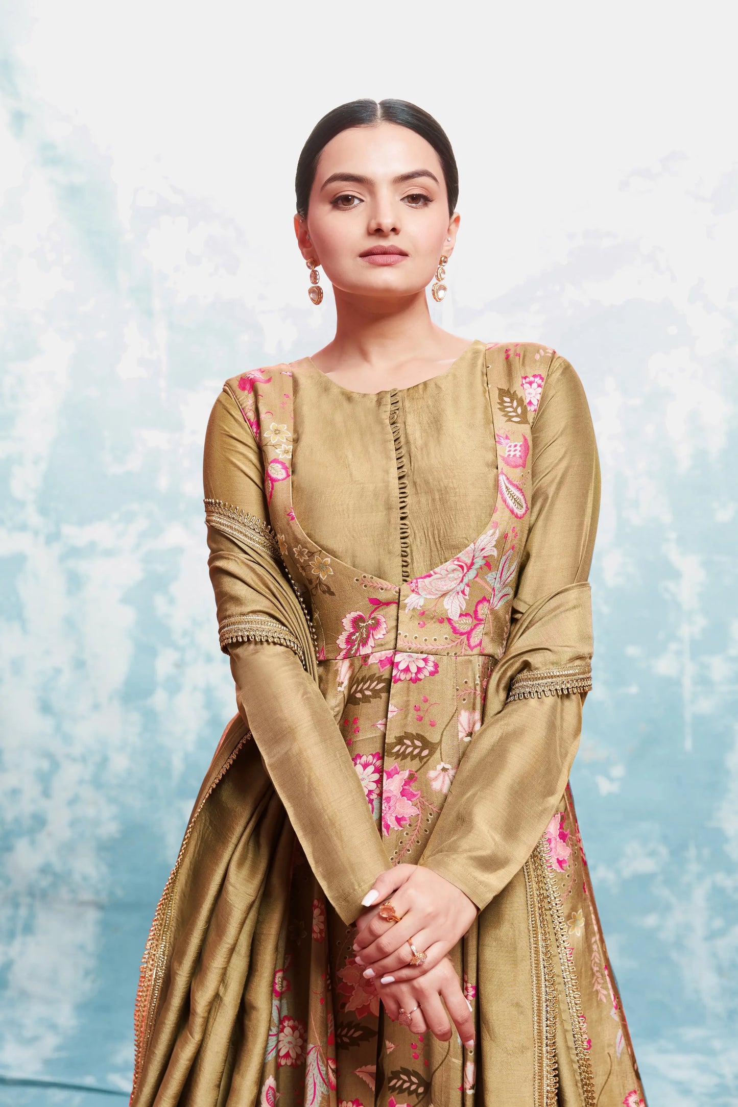 Dark beige printed long dress with jacket and traditional dupatta