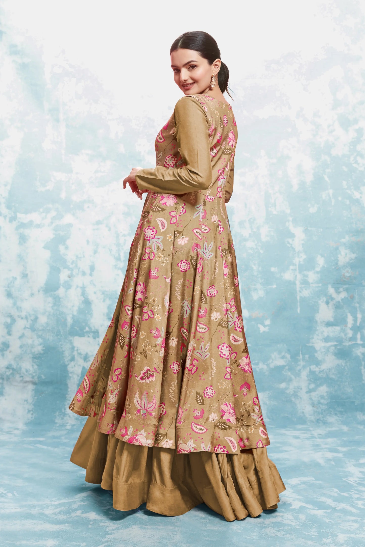 Dark beige printed long dress with jacket and traditional dupatta