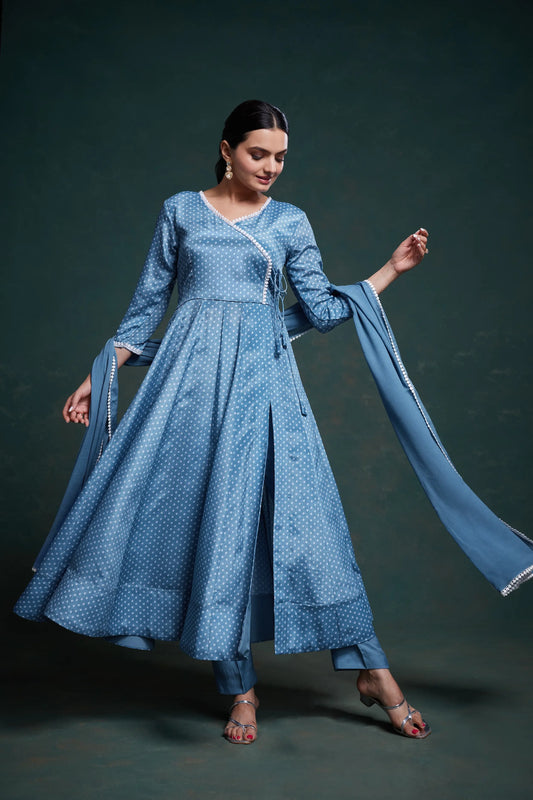 Ensemble salwar en soie Chinon imprimé Bandhani bleu uni traditionnel