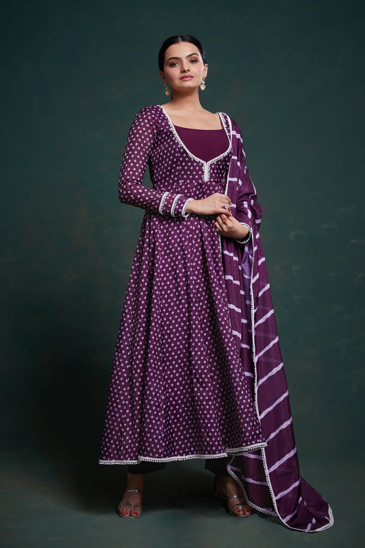 Ensemble salwar imprimé Bandhani en organza violet traditionnel