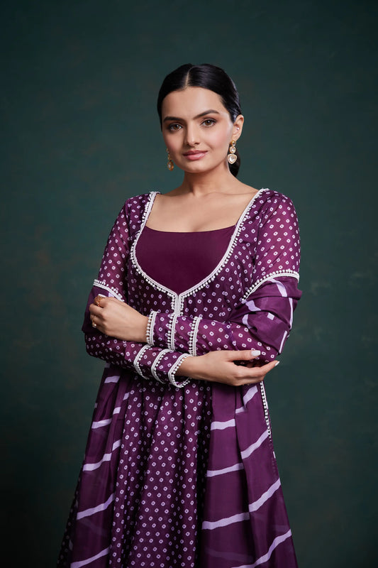 Ensemble salwar imprimé Bandhani en organza violet traditionnel