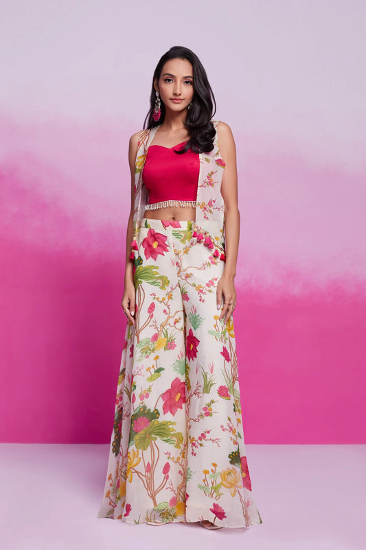 Ensemble Co-ord en coton-satiné imprimé blanc cassé moderne et tendance