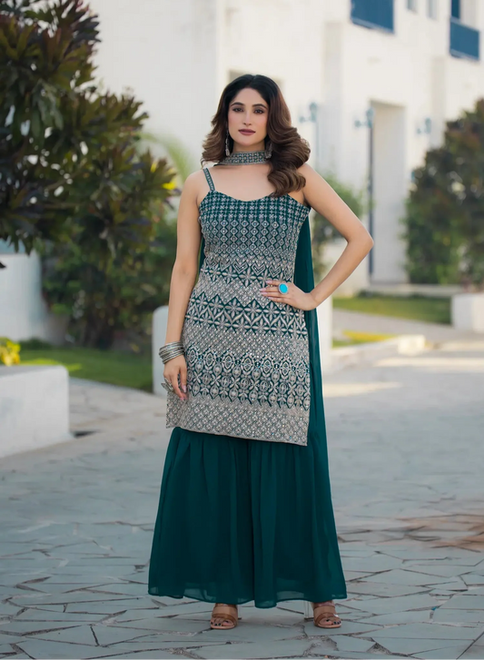 Salwar kameez bleu canard en georgette avec broderie à sequins
