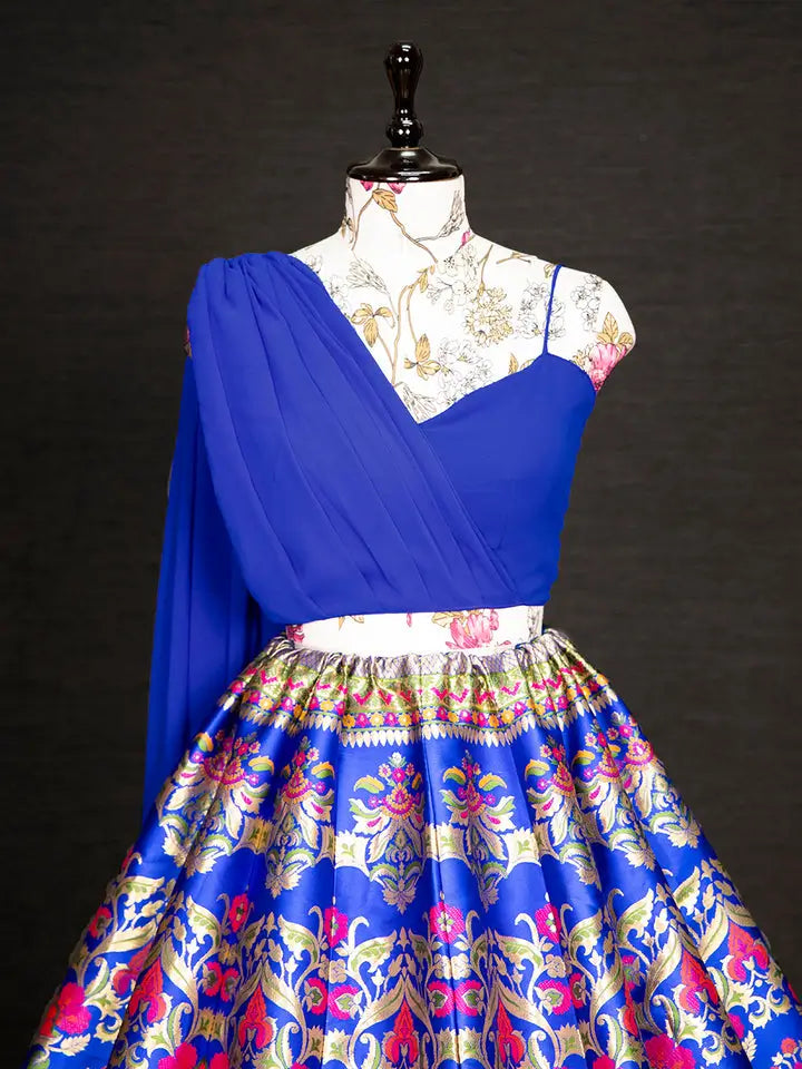 Royal Blue Banarasi Silk Lehenga Choli with Crop Top