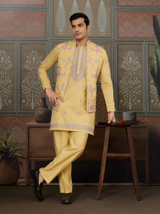 Ensemble Kurta Homme Veste Koti jaune clair avec broderies fleurs COLLECTION VINNY