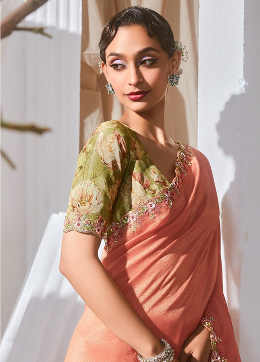 Sari moderne vert clair et rose saumon tissu fantaisie et dentelle COLLECTION KANIKA