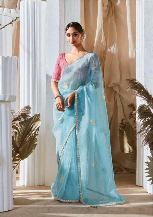 Sari moderne rose et bleu ciel tissu fantaisie et dentelle COLLECTION KANIKA