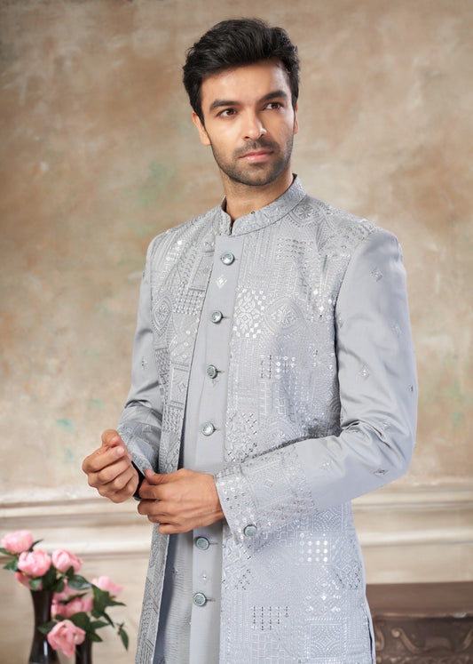Ensemble Sherwani Homme Gris Clair avec Broderies et Sequins COLLECTION DHIMAN