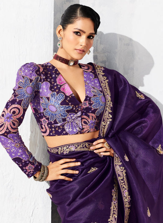 Sari violet glam organza fantaisie avec broderies COLLECTION LEYAA