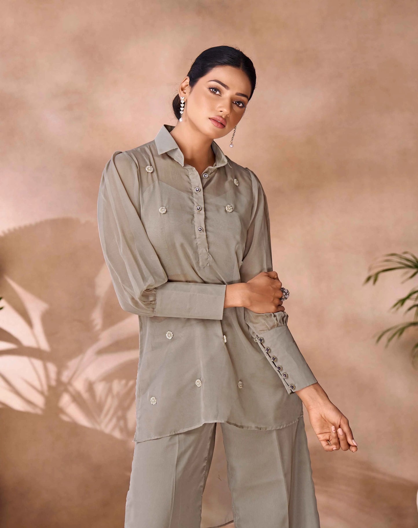 Ensemble Coordonné Gris Beige en Organza Pur avec Broderies Artisanales
