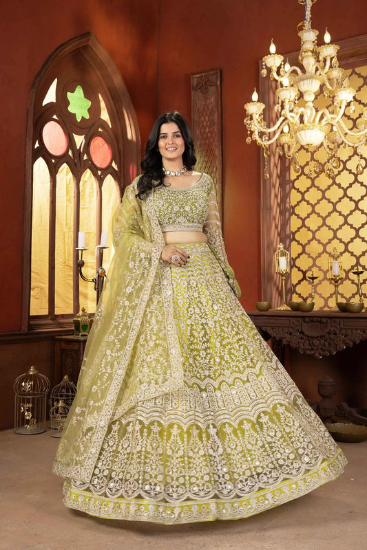 Lehenga Choli en filet vert olive clair avec broderie brillante au fil