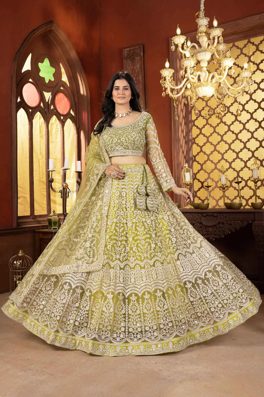 Lehenga Choli en filet vert olive clair avec broderie brillante au fil