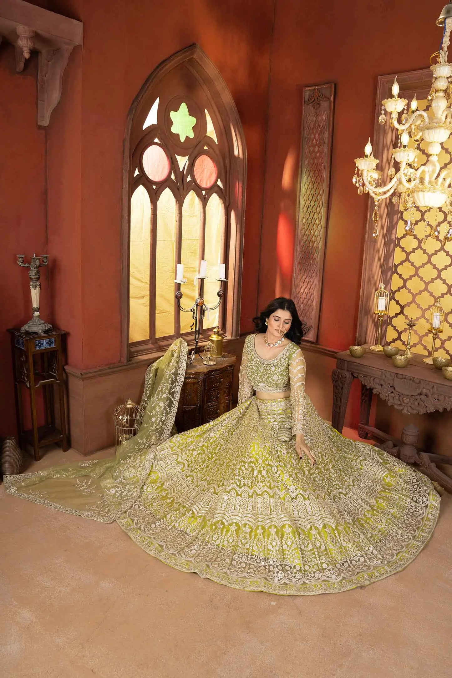 Lehenga Choli en filet vert olive clair avec broderie brillante au fil
