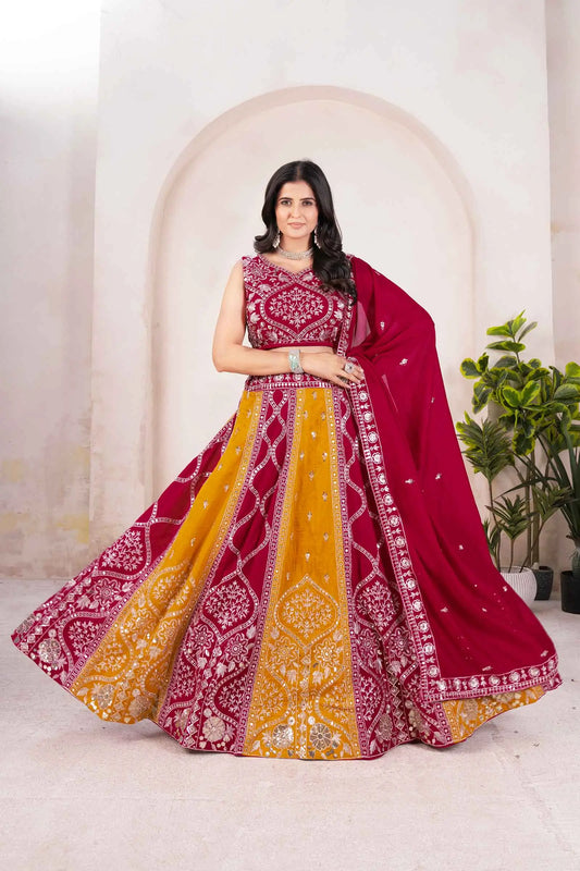 Ensemble Lehenga rouge et jaune avec broderie et sequins