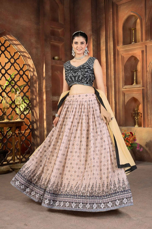 Lehenga choli noir et rose clair à imprimé digital avec broderie