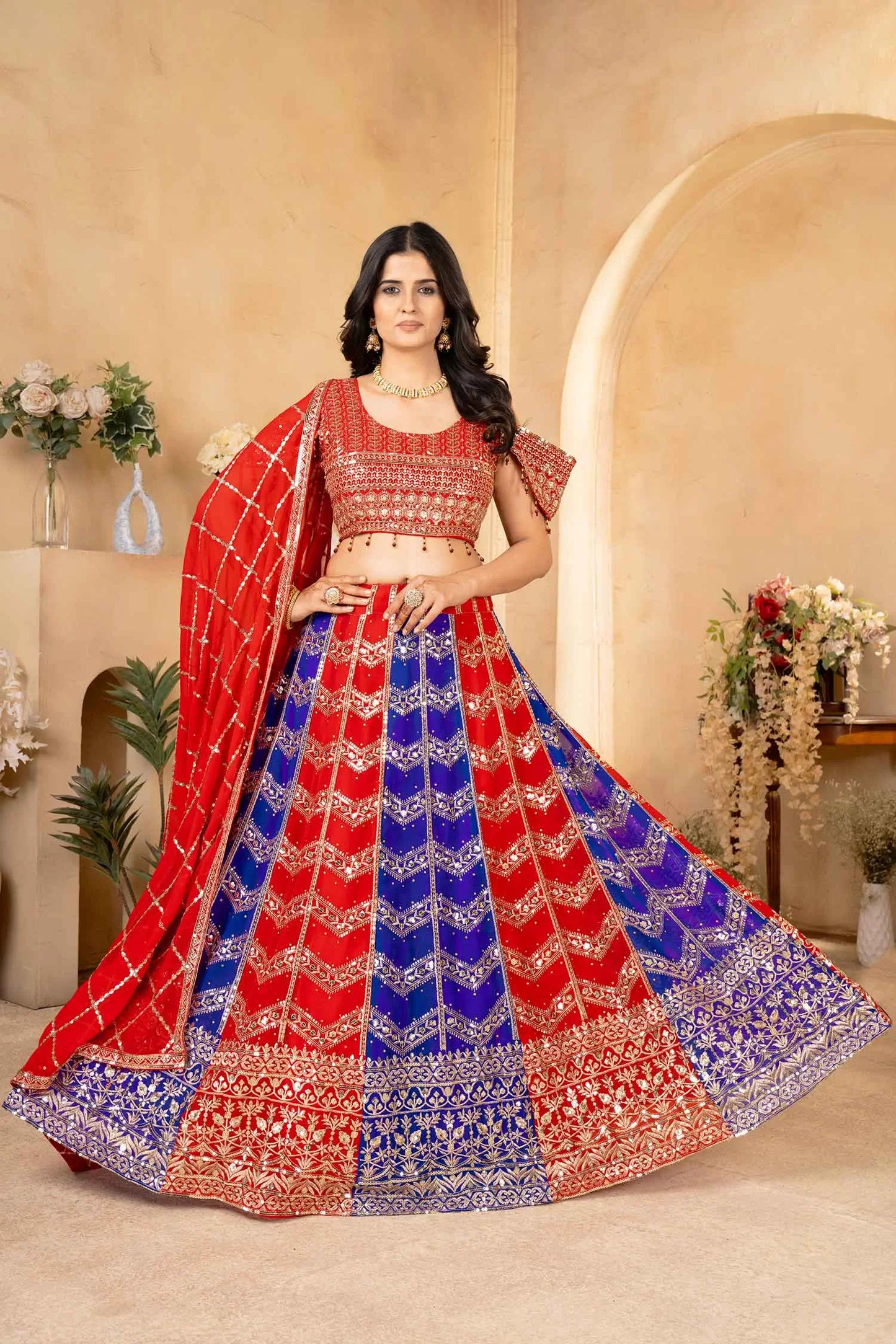 Rot-blauer mehrfarbiger Georgette-Lehenga mit Paillettenstickerei und Dupatta