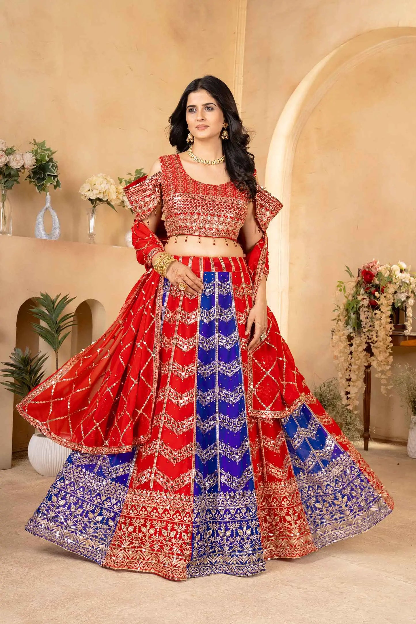 Rot-blauer mehrfarbiger Georgette-Lehenga mit Paillettenstickerei und Dupatta
