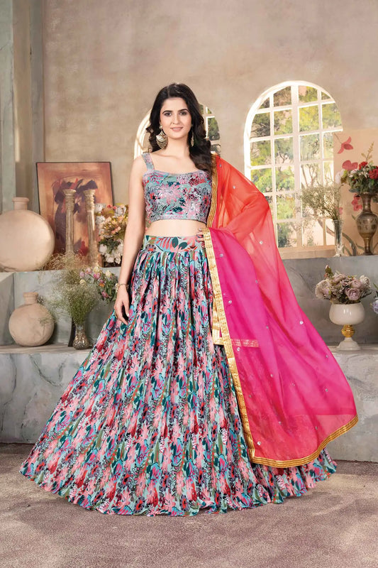 Lehenga bleu clair à imprimé floral multicolore avec broderie et dupatta