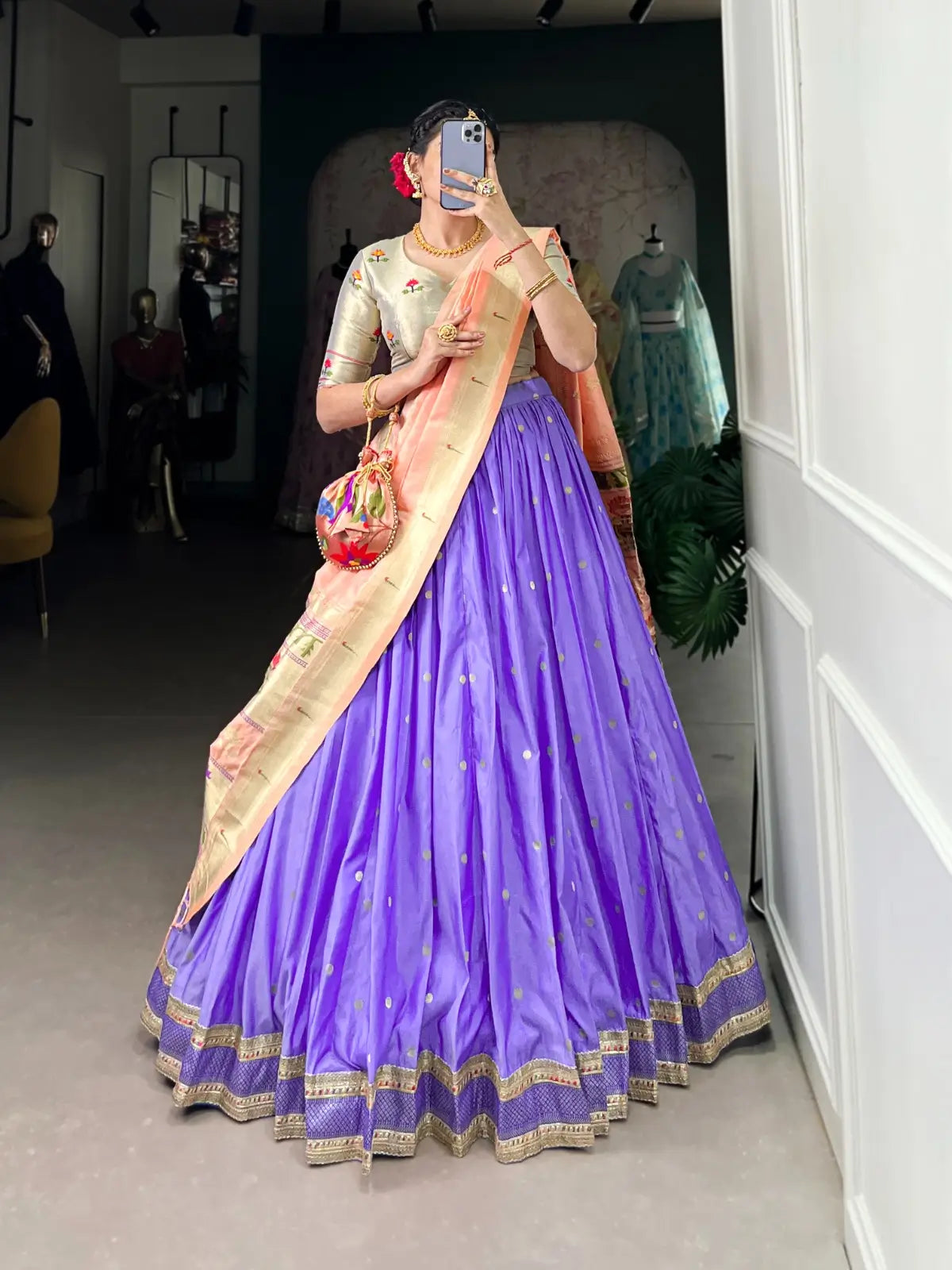 Lehenga Choli Paithani en Soie Jacquard Bleu Lotus avec Tissage Zari
