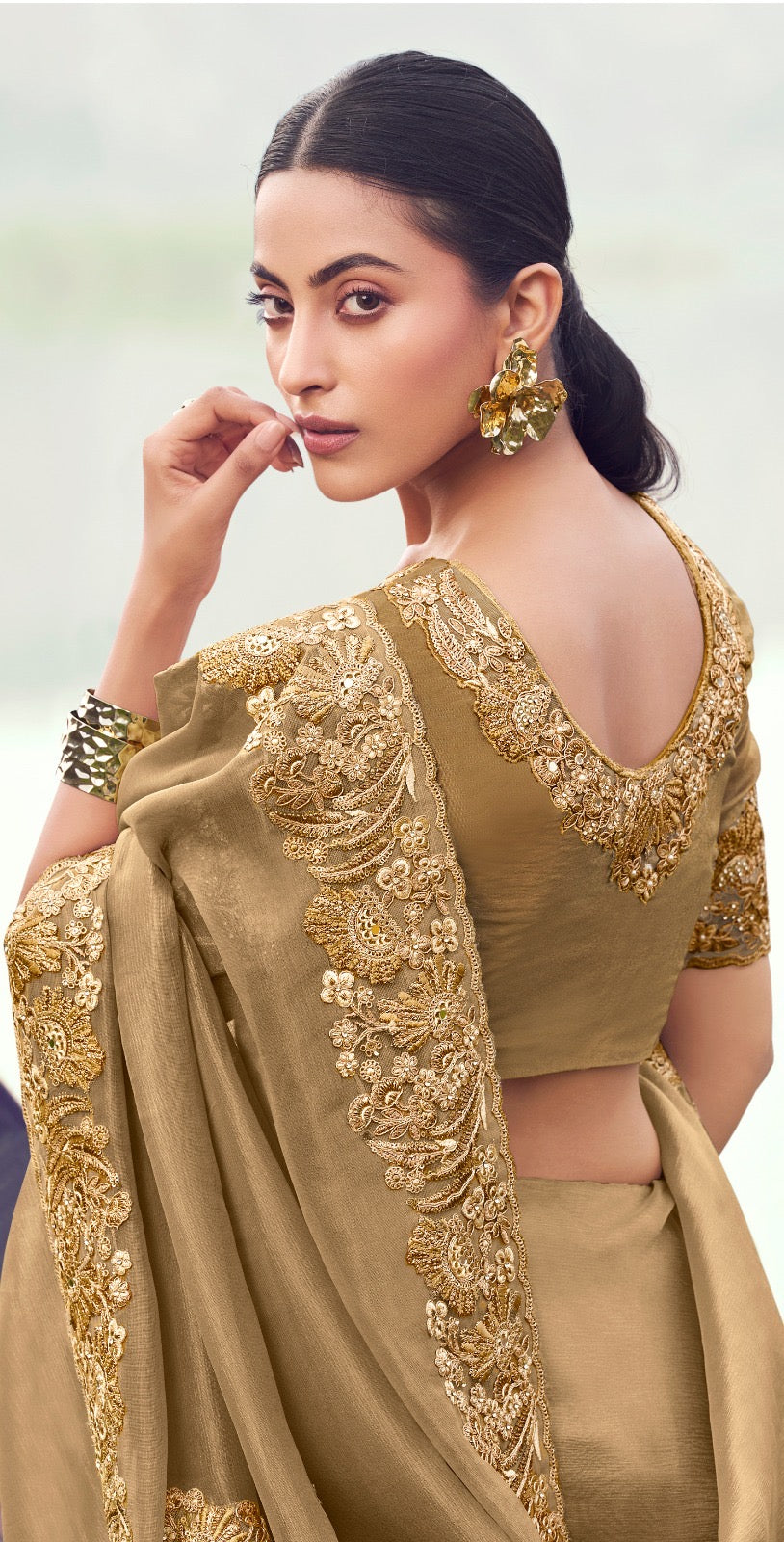 Sari beige foncé en pure soie Banarasi COLLECTION SAYAARAH