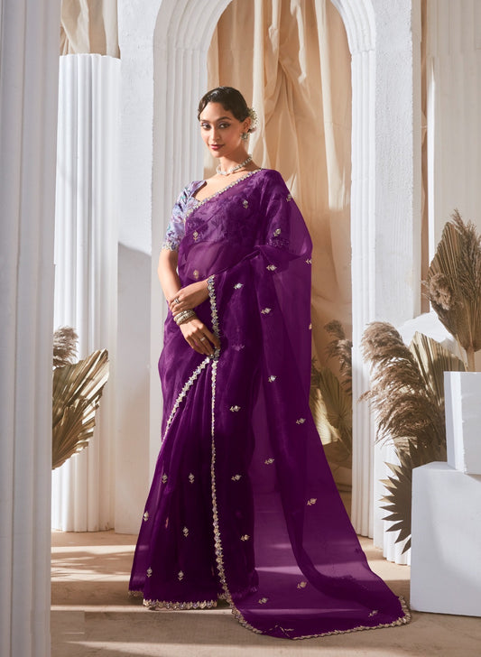 Sari moderne violet aubergine et lilas en tissu fantaisie et dentelle COLLECTION KANIKA