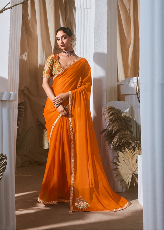 Sari moderne orange vibrant tissu fantaisie et dentelle COLLECTION KANIKA
