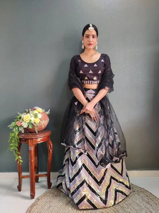 Lehenga Choli en filet noir avec broderie riche en fils et multiples sequins