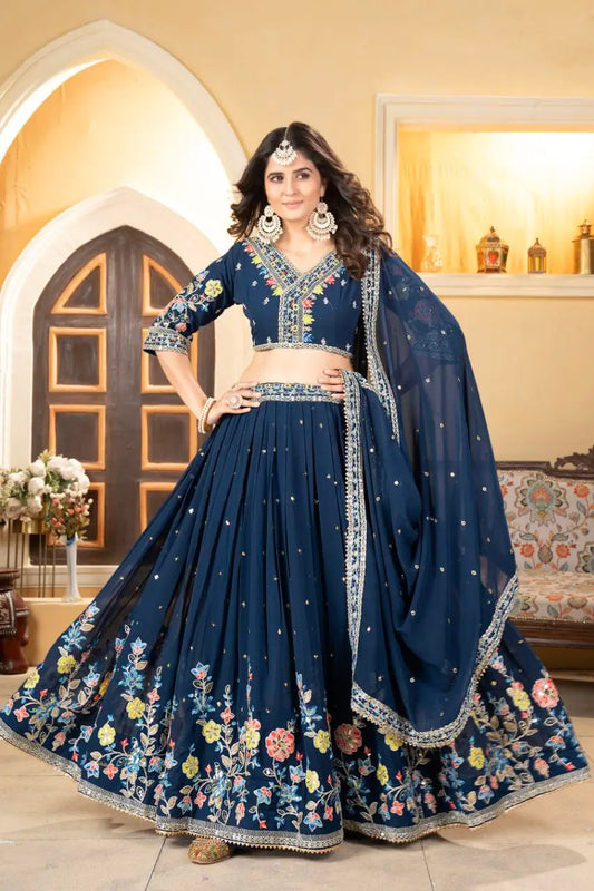 Nile blue georgette lehenga with multicolor thread embroidery, coding work and sequins
