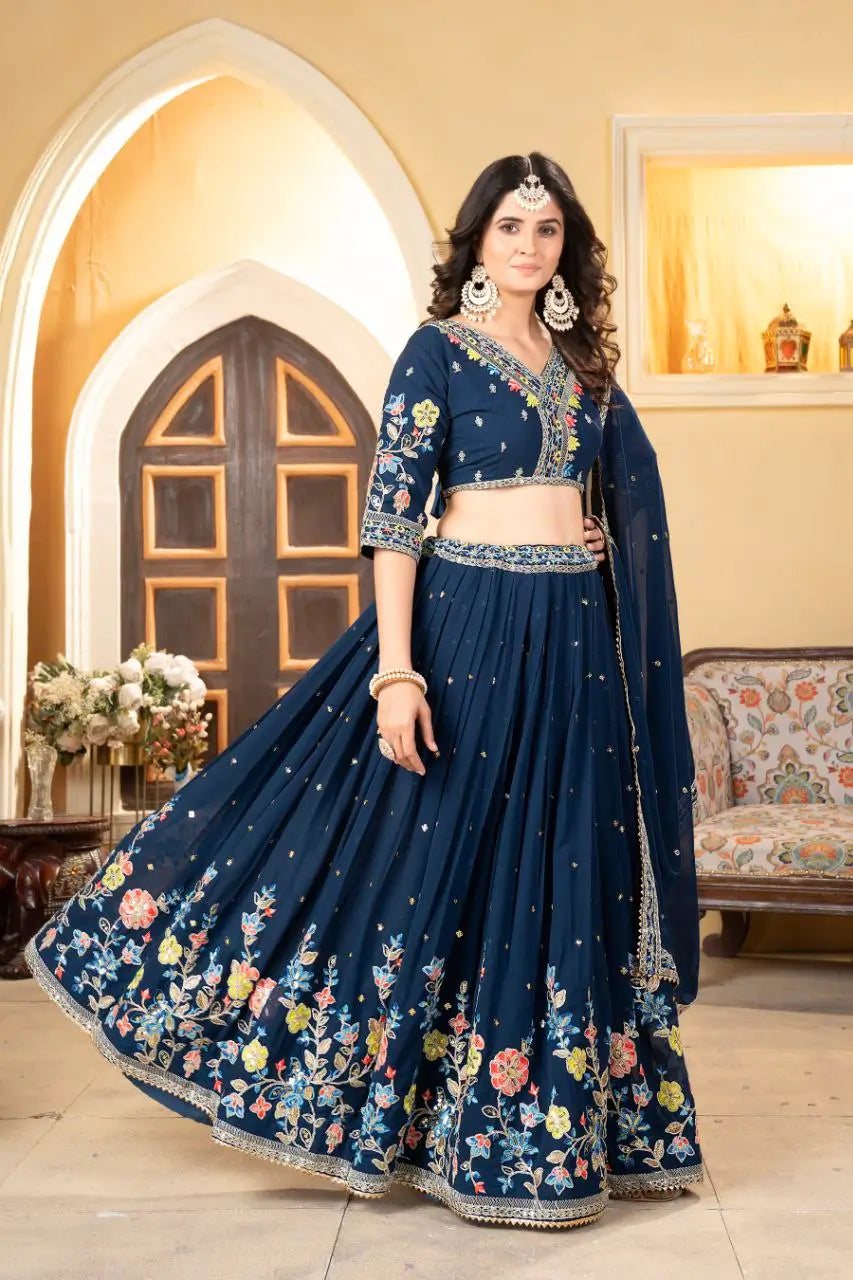 Nile blue georgette lehenga with multicolor thread embroidery, coding work and sequins