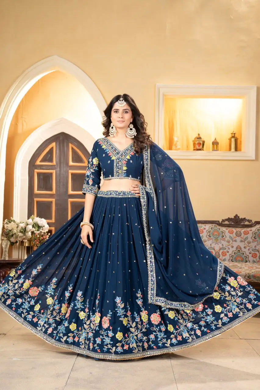 Nile blue georgette lehenga with multicolor thread embroidery, coding work and sequins