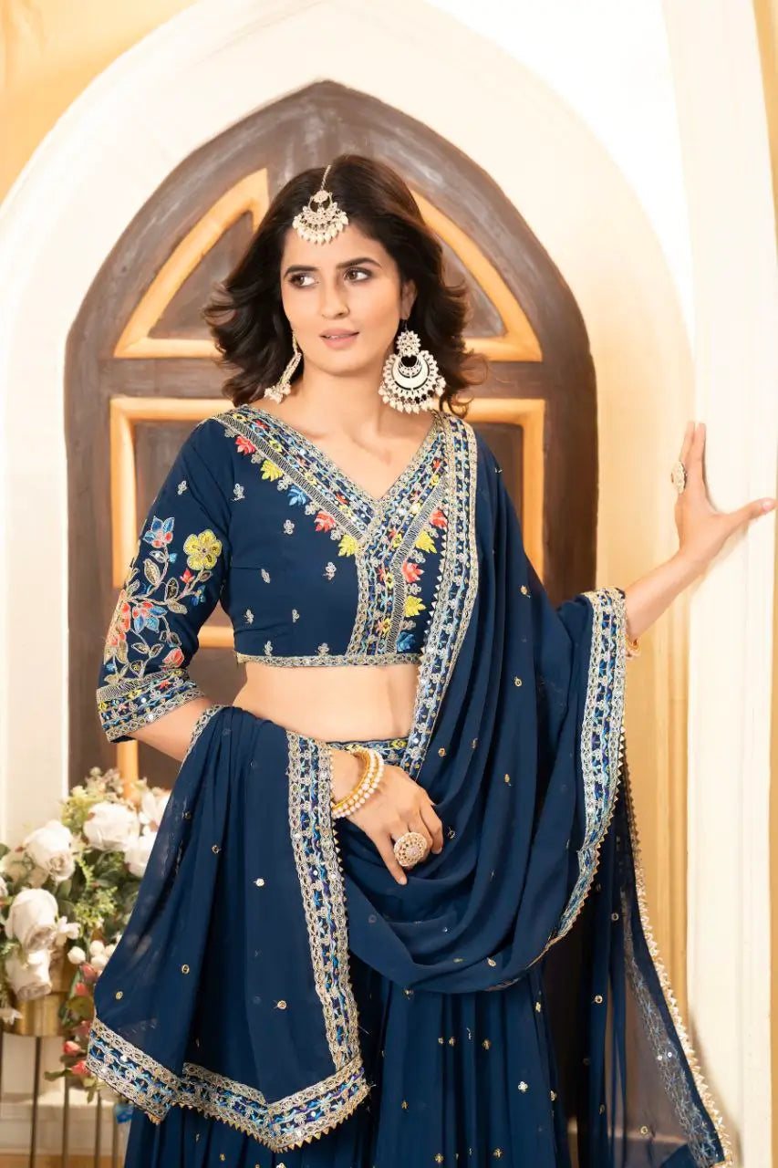 Nile blue georgette lehenga with multicolor thread embroidery, coding work and sequins