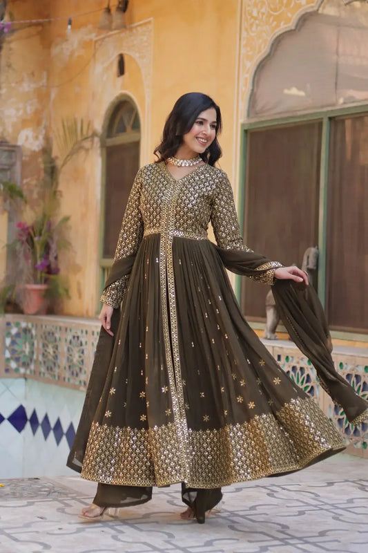 Robe Longue Vert Empire en Georgette avec Broderies de Sequins