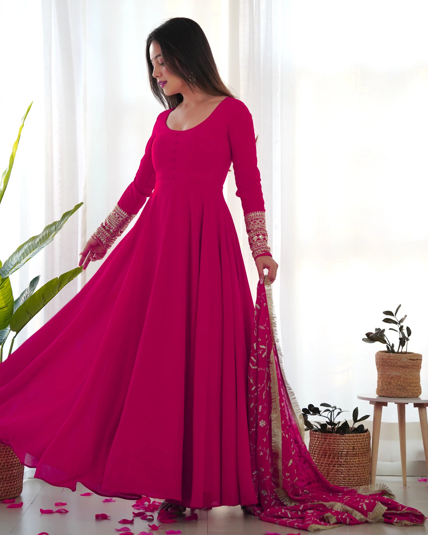 Fuchsia Georgette Designer Long Dress with Heavy Embroidery and Dupatta - Elegance and Refinement