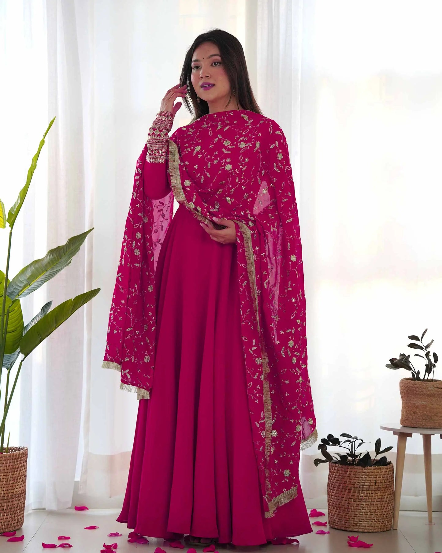 Fuchsia Georgette Designer Long Dress with Heavy Embroidery and Dupatta - Elegance and Refinement