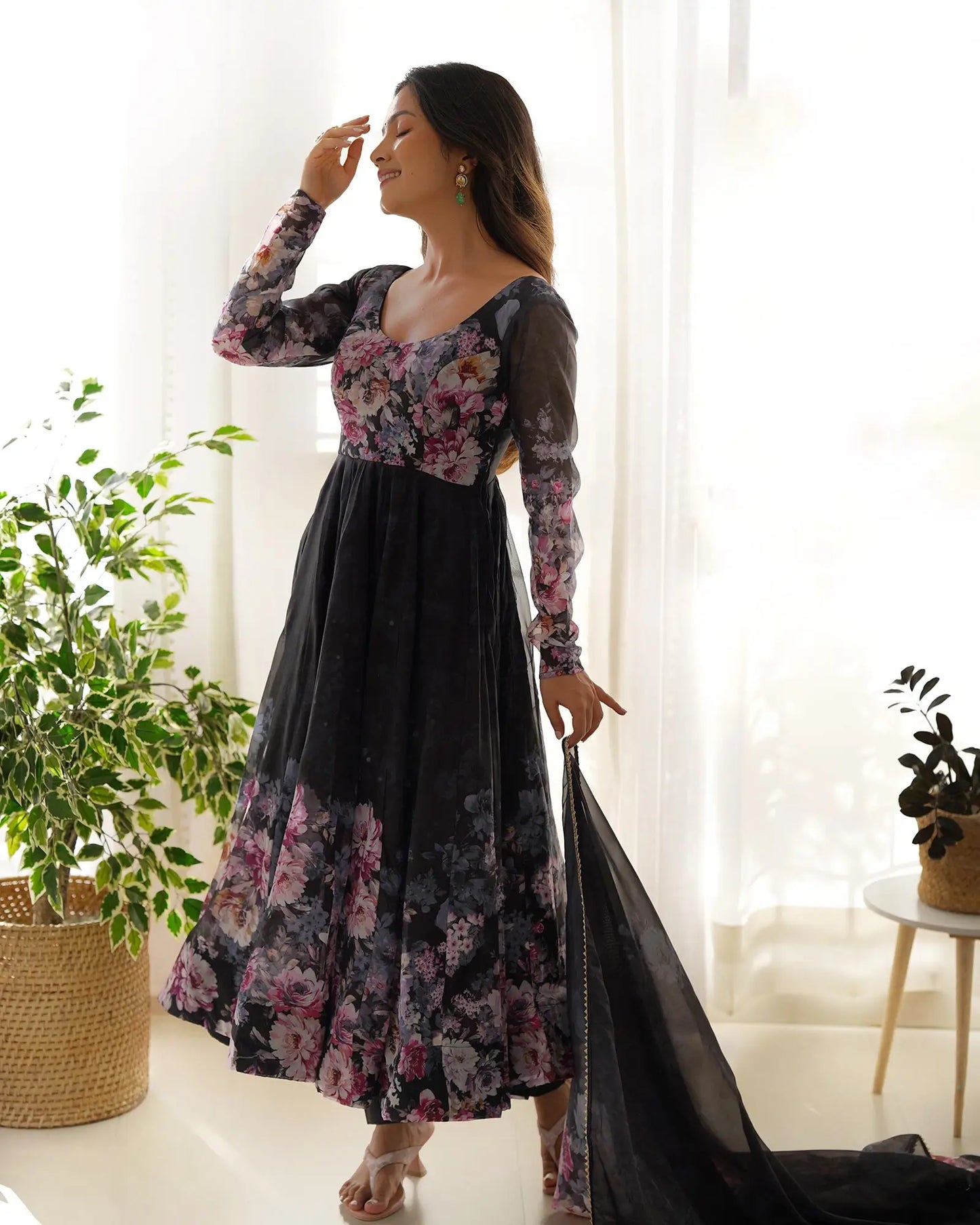Black organza Anarkali dress with floral print and dupatta