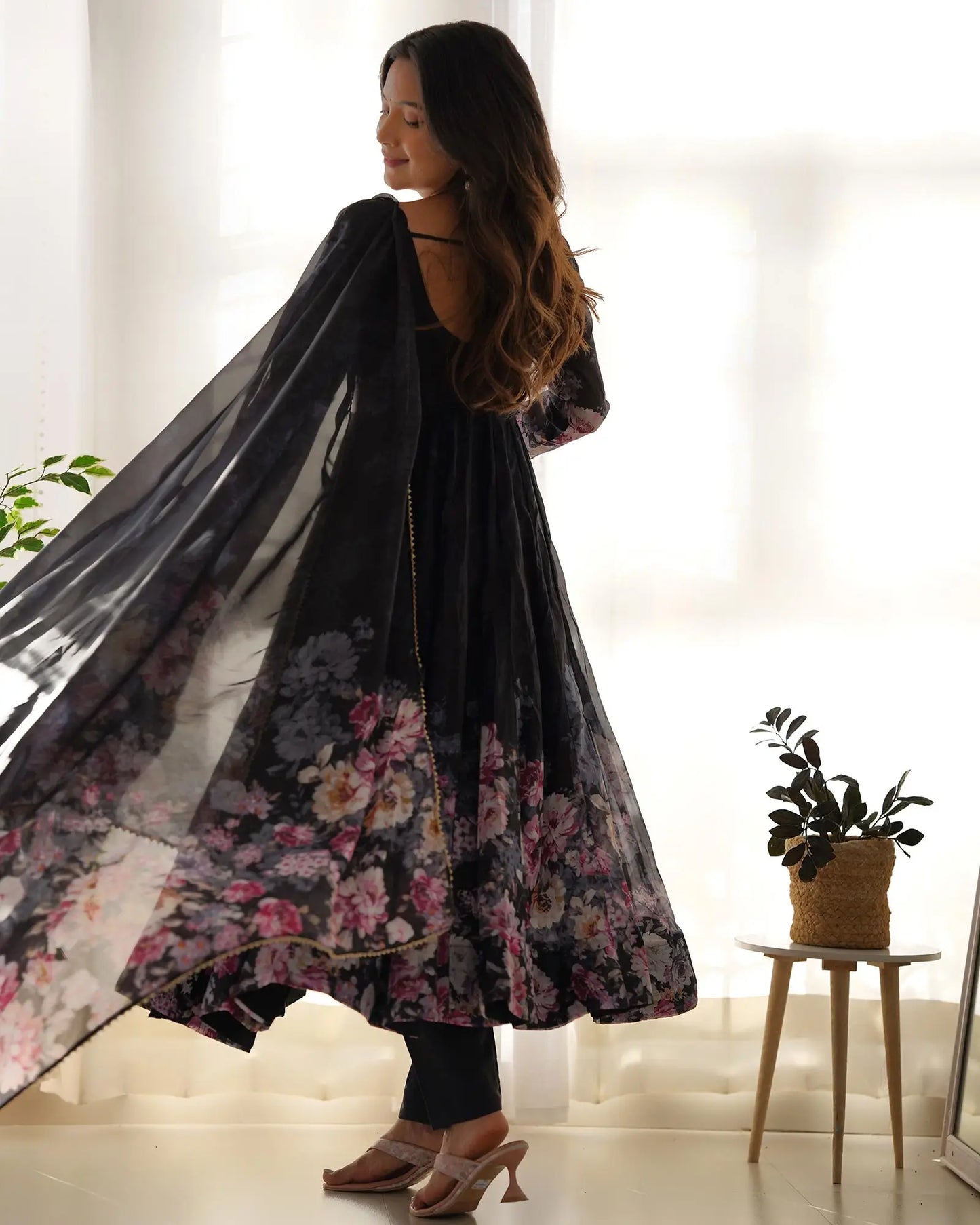 Black organza Anarkali dress with floral print and dupatta