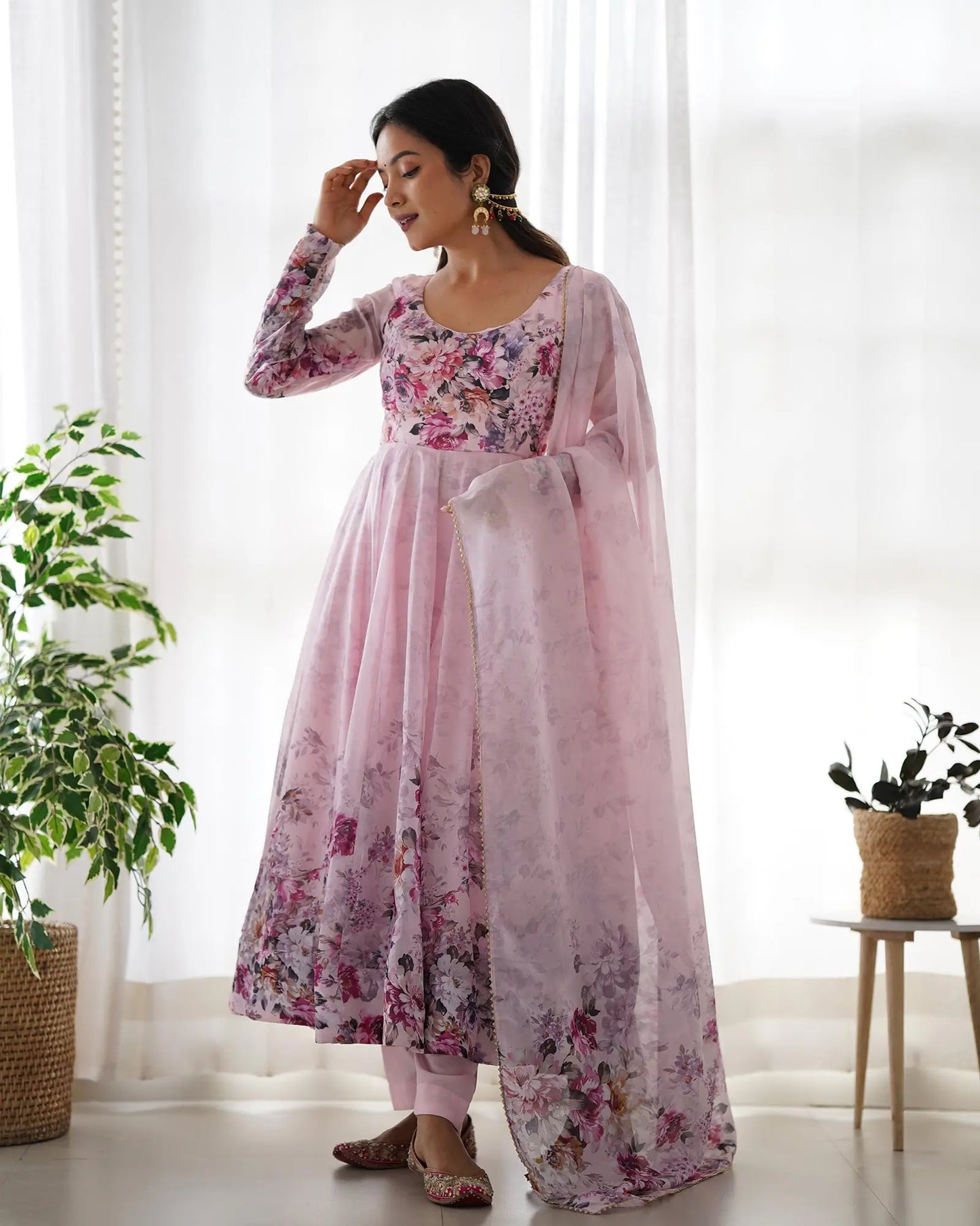 Light peach pink floral print organza dress