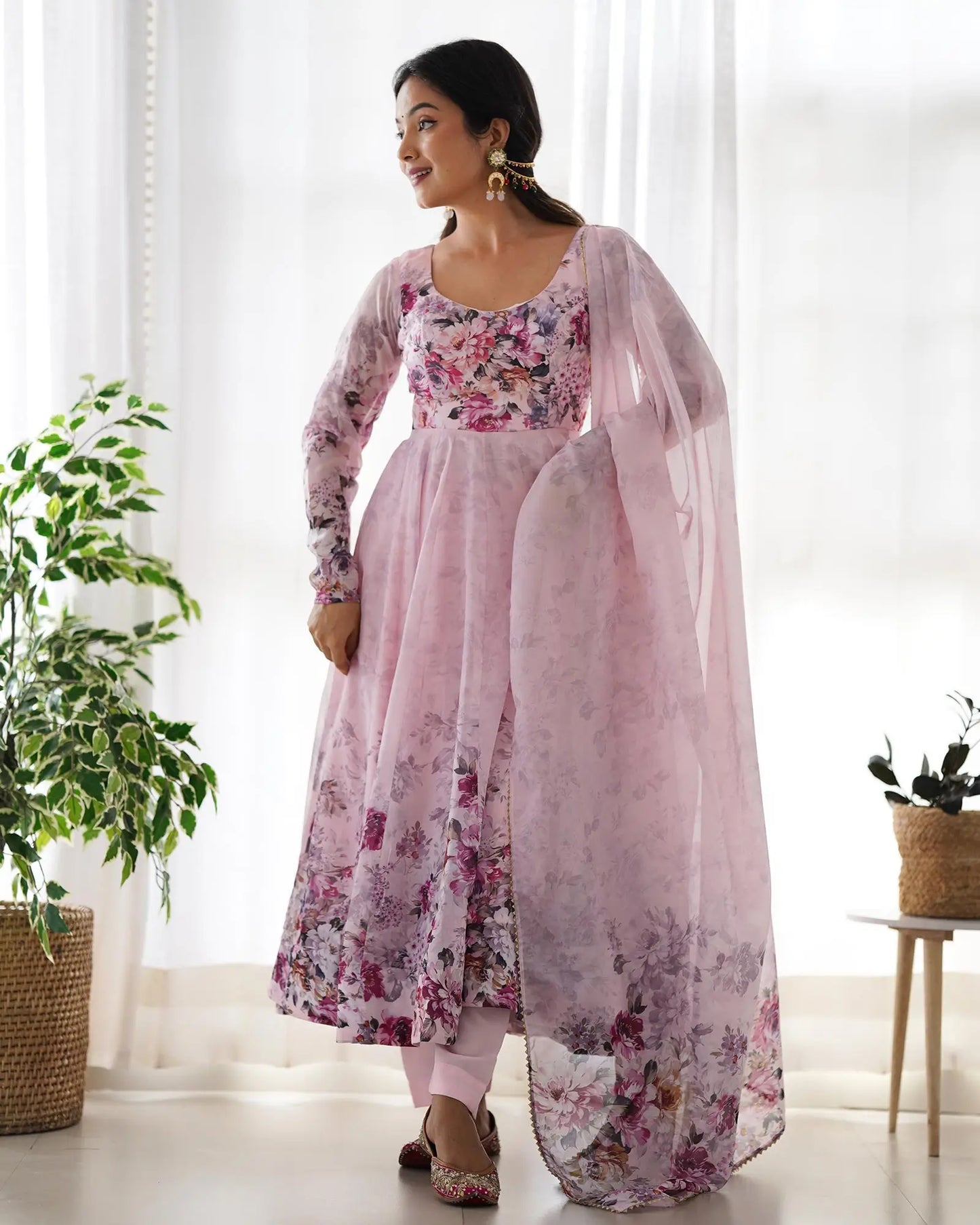 Light peach pink floral print organza dress