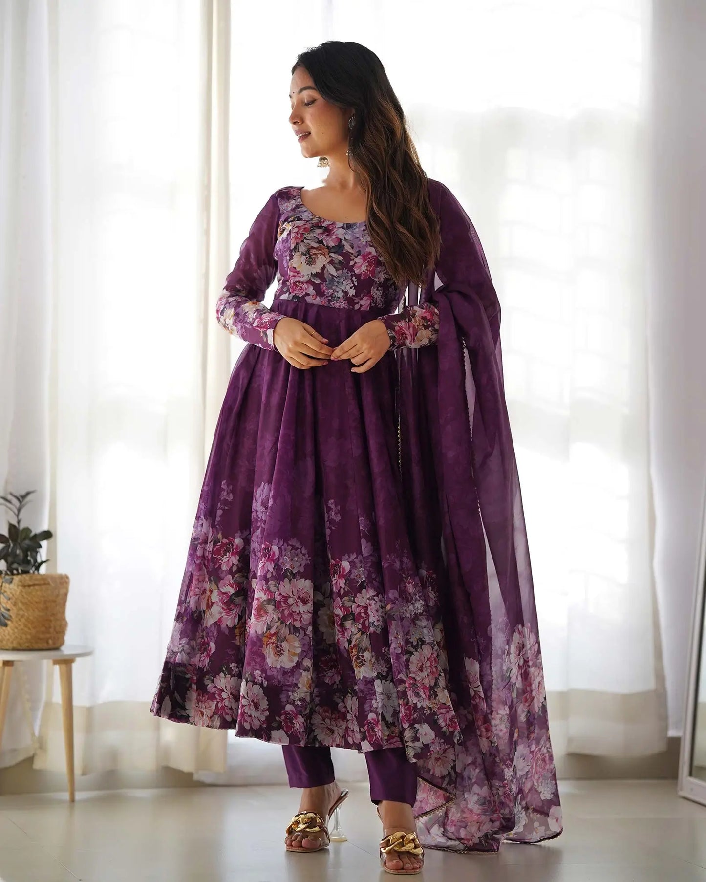 Grape purple floral print organza Anarkali dress with dupatta