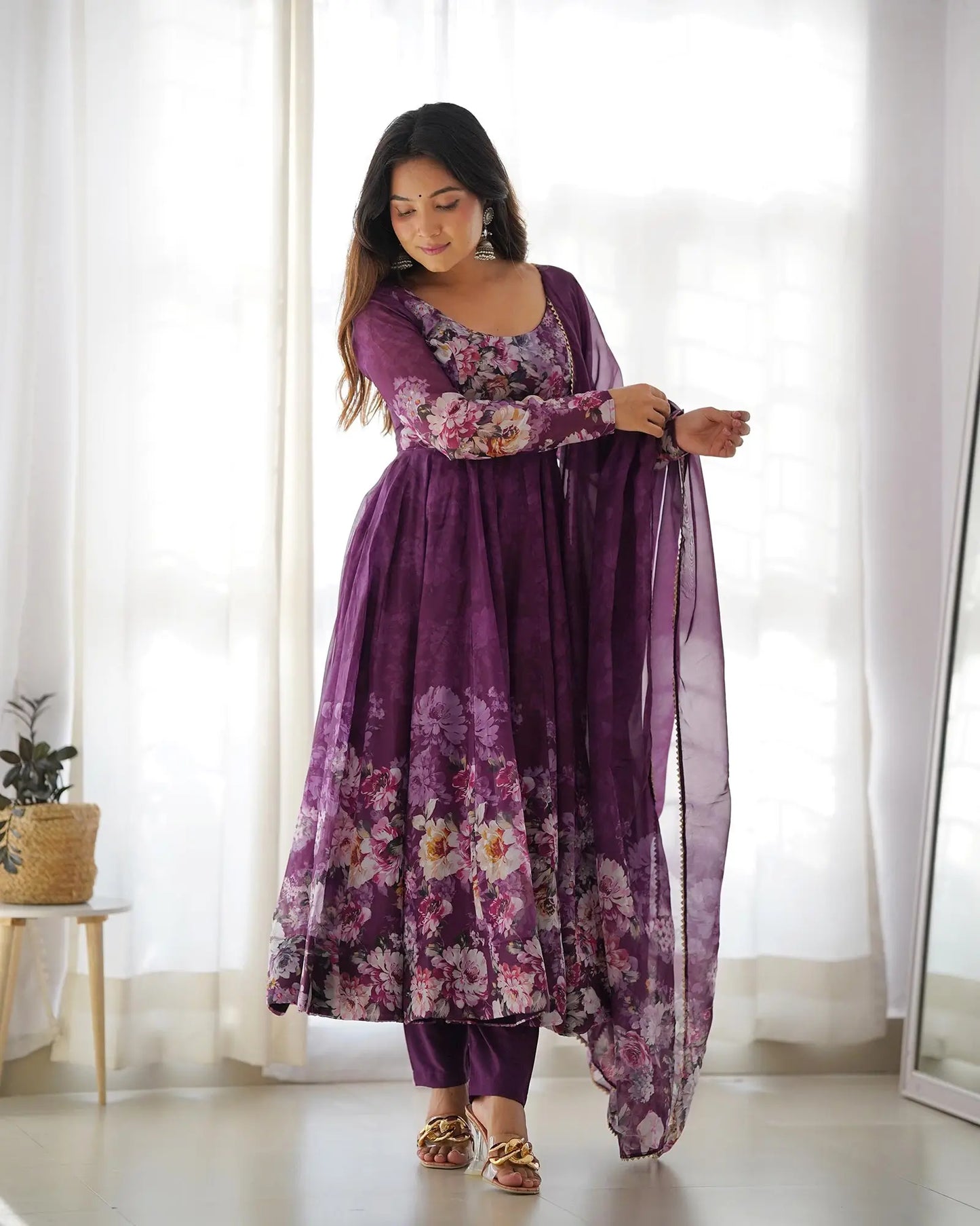 Grape purple floral print organza Anarkali dress with dupatta