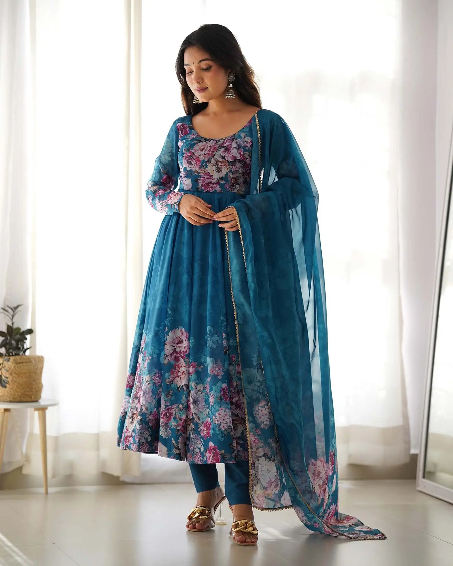 Rama green floral print organza dress with dupatta