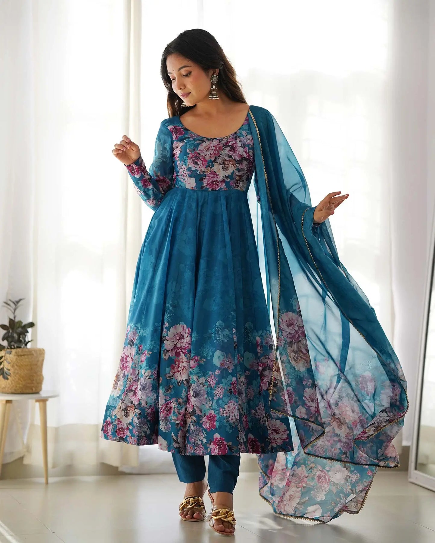 Rama green floral print organza dress with dupatta